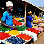 Promoting Intra-African Trade**

"A bustling marketplace scene in Banjul, Gambia, filled with vendors selling diverse goods from across Africa. Focus on colorful textiles, handcrafted items, and fresh produce. People from different African countries are interacting and trading. Fully clothed, modest attire, appropriate content, safe for work, professional photography, natural lighting, perfect anatomy, correct proportions."

**