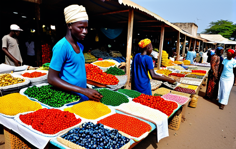 Promoting Intra-African Trade**
"A bustling marketplace scene in Banjul, Gambia, filled with vendors selling diverse goods from across Africa. Focus on colorful textiles, handcrafted items, and fresh produce. People from different African countries are interacting and trading. Fully clothed, modest attire, appropriate content, safe for work, professional photography, natural lighting, perfect anatomy, correct proportions."
**