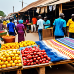 Colorful Gambian Market Scene**

"A bustling marketplace in Banjul, Gambia. Vendors selling vibrant textiles, fresh fruits, and local crafts. People of diverse backgrounds interacting. Focus on the colors, textures, and energy of the market. Appropriate attire. Safe for work. Natural lighting. Professional photography."

**
