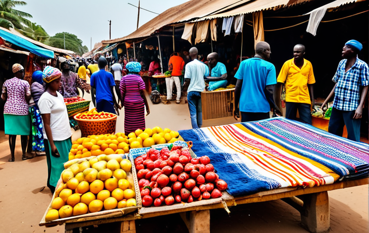 Colorful Gambian Market Scene**
"A bustling marketplace in Banjul, Gambia. Vendors selling vibrant textiles, fresh fruits, and local crafts. People of diverse backgrounds interacting. Focus on the colors, textures, and energy of the market. Appropriate attire. Safe for work. Natural lighting. Professional photography."
**