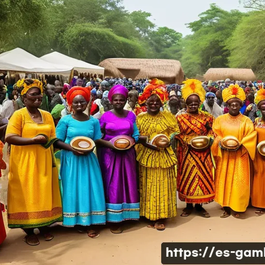 감비아 전통 종교 축제 - A vibrant traditional Gambian festival scene at a riverside forest setting during daytime, featuring...