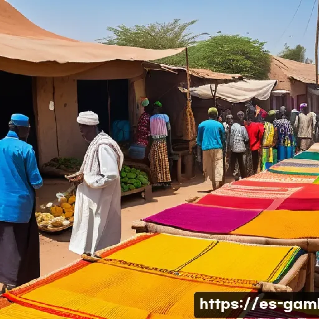 감비아와 세네갈 크로스보더 여행 - A vibrant traditional border market scene between Gambia and Senegal during daytime, bustling with d...