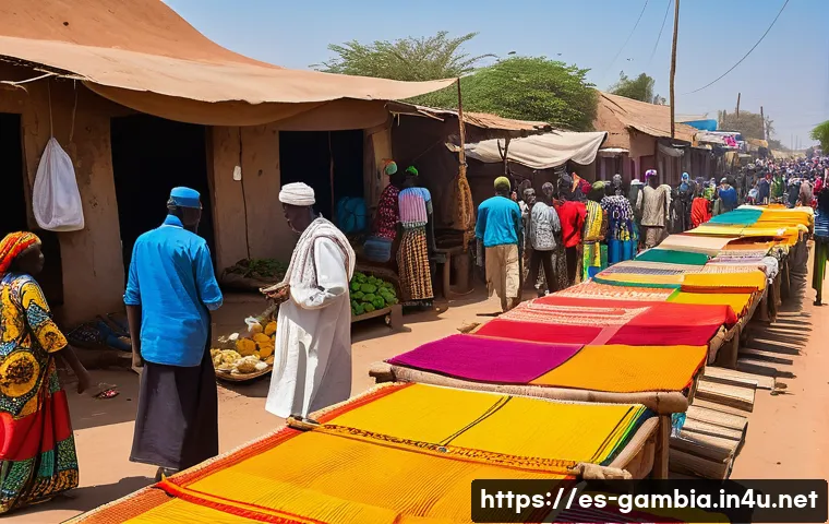 감비아와 세네갈 크로스보더 여행 - A vibrant traditional border market scene between Gambia and Senegal during daytime, bustling with d...