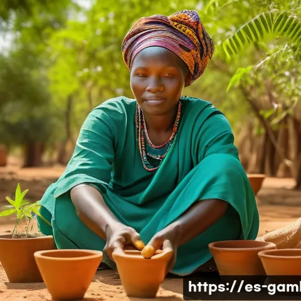 감비아 대체 의학 문화 - A traditional Gambian healer woman in a rural village setting, wearing colorful modest clothing, car...
