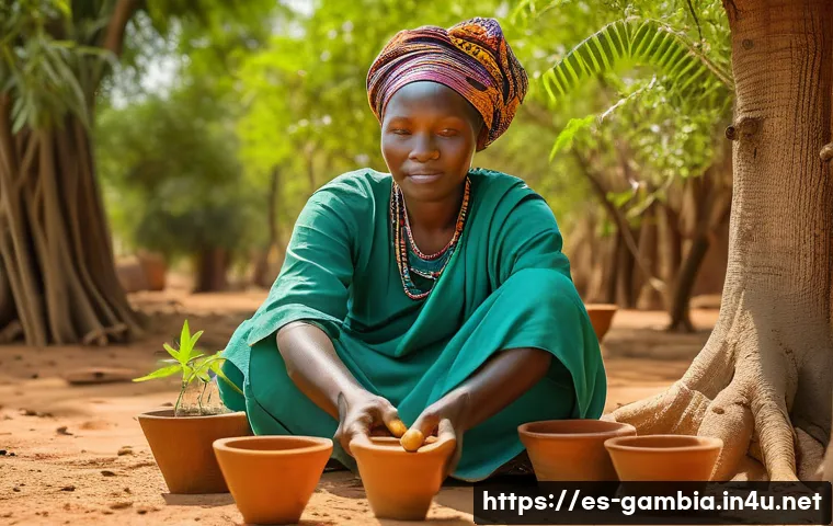 감비아 대체 의학 문화 - A traditional Gambian healer woman in a rural village setting, wearing colorful modest clothing, car...
