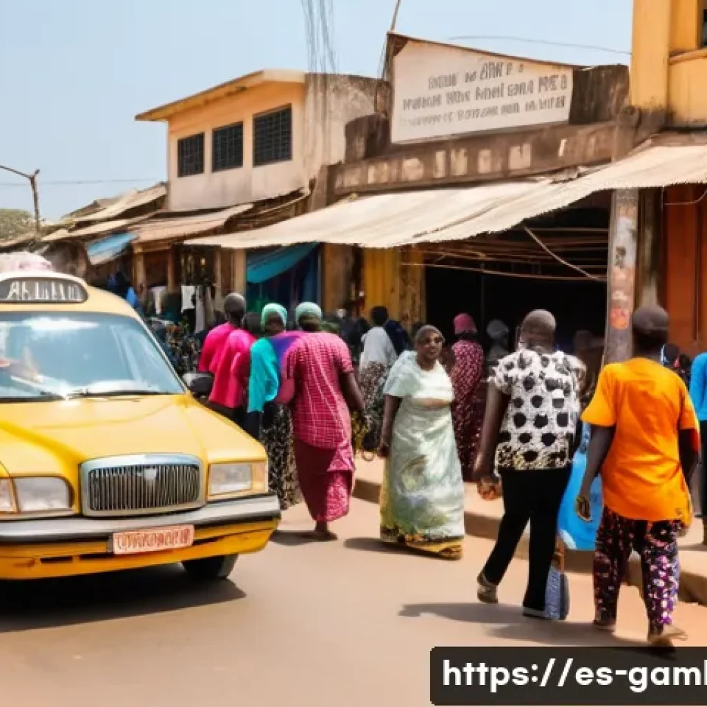 감비아 택시 이용법 - A bustling urban street scene in Banjul, Gambia, featuring a brightly lit private taxi with a roofto...