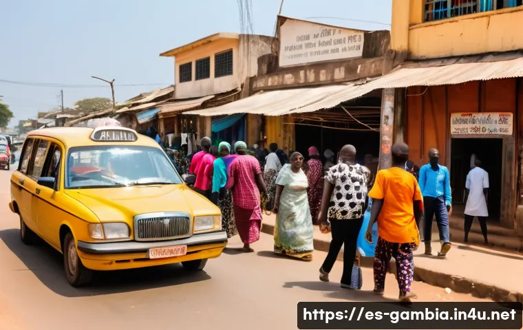 감비아 택시 이용법 - A bustling urban street scene in Banjul, Gambia, featuring a brightly lit private taxi with a roofto...