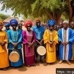 감비아와 서아프리카 여행 계획 - A vibrant scene of a traditional Gambian festival in a village square during daytime, featuring loca...