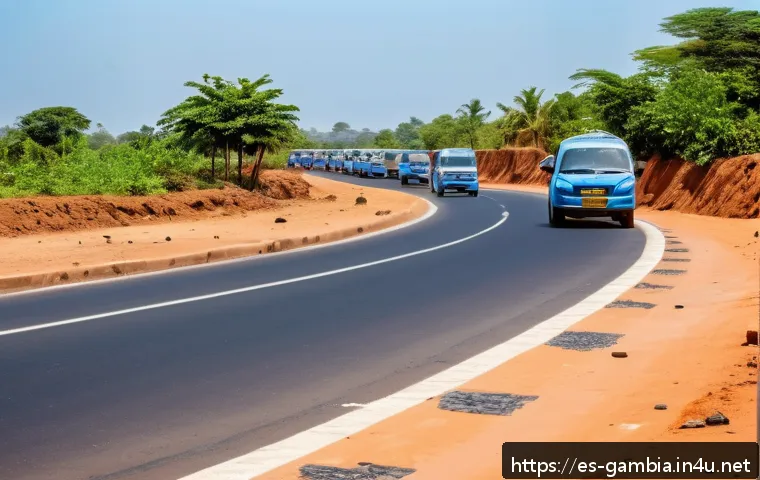 감비아 도로 상태 - A detailed scene of the Transgambia Highway during daylight, showing a paved road with visible patch...
