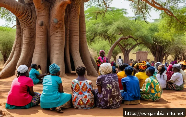 감비아와 유엔 관계 - A vibrant rural West African community classroom scene where diverse local adults and youth particip...