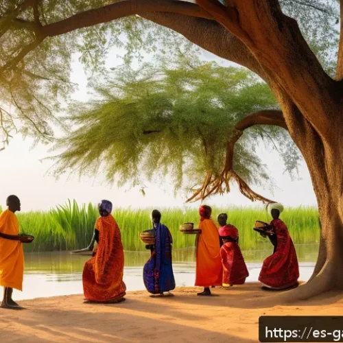 감비아 부족 신앙 - A vibrant traditional Gambian village scene during a spiritual ritual at a sacred tree, surrounded b...