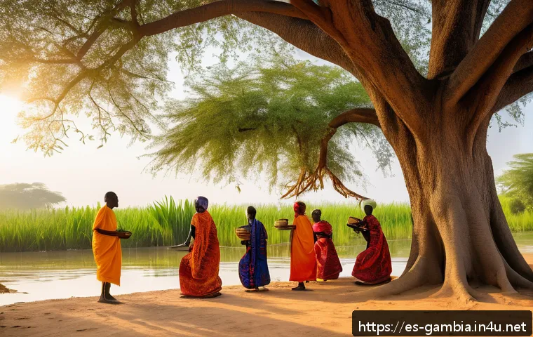 감비아 부족 신앙 - A vibrant traditional Gambian village scene during a spiritual ritual at a sacred tree, surrounded b...