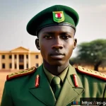 감비아 전 대통령 야히아 자메 - A detailed portrait of a young African military officer in 1990s Gambia, dressed in a neat olive-gre...