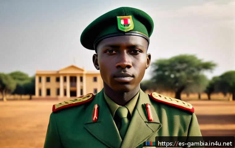 감비아 전 대통령 야히아 자메 - A detailed portrait of a young African military officer in 1990s Gambia, dressed in a neat olive-gre...