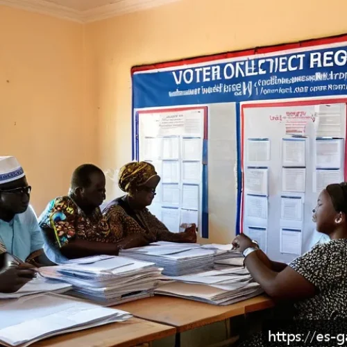 감비아 선거 제도 - A detailed scene of an independent electoral commission office in Gambia, showing diverse election o...