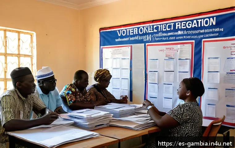 감비아 선거 제도 - A detailed scene of an independent electoral commission office in Gambia, showing diverse election o...