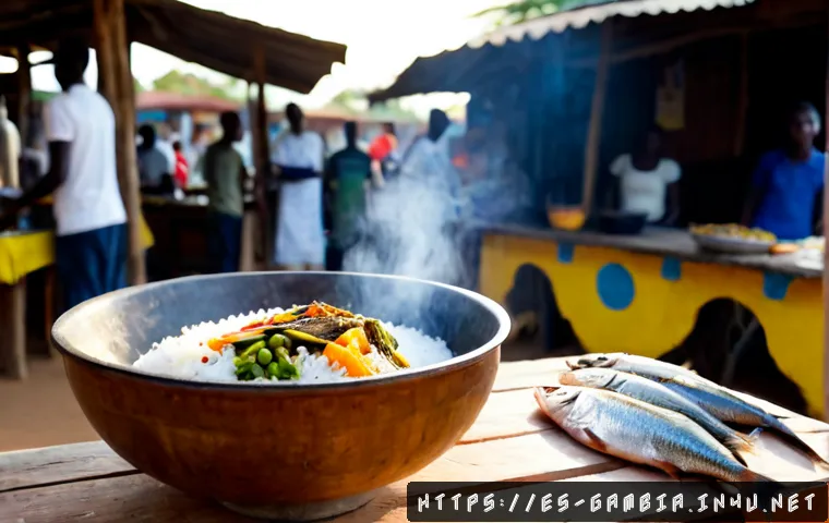감비아 스트리트 푸드 추천 - Photorealistic Gambian street food stall in Banjul, a steaming bowl of benachin rice with grilled fi...