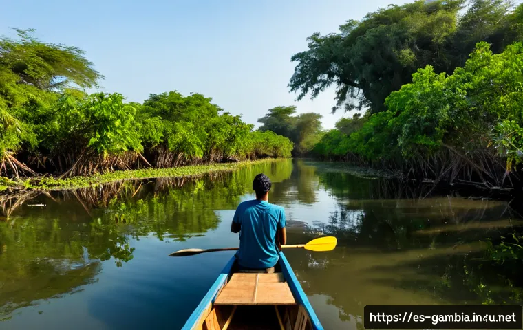 감비아에서 모험 여행하기 - Photorealistic adventure travel scene in The Gambia: a Spanish-speaking couple in modest lightweight...