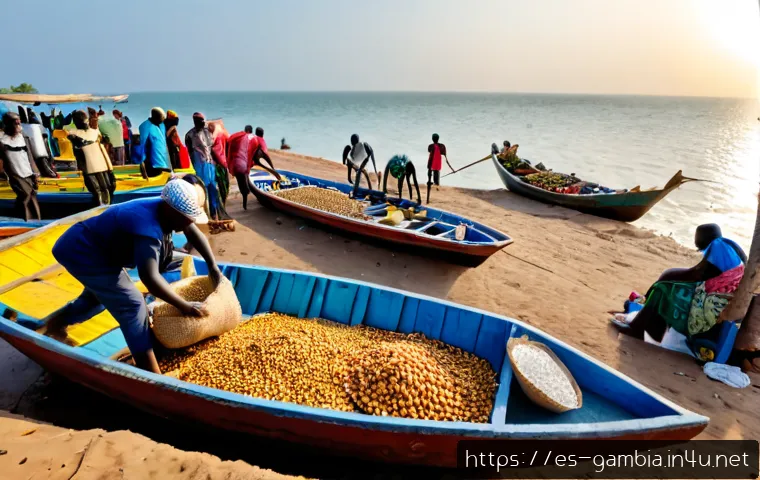 Home 17 감비아 경제 구조 - Photorealistic wide-angle view of Gambia’s economic structure at a coastal market near Banjul: fishe...